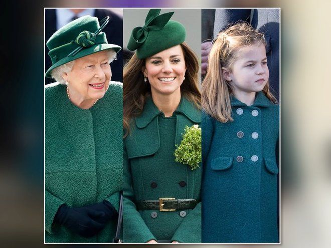 Королева Елизавета 2, Кейт Миддлтон и принцесса Шарлотта в зеленых нарядах