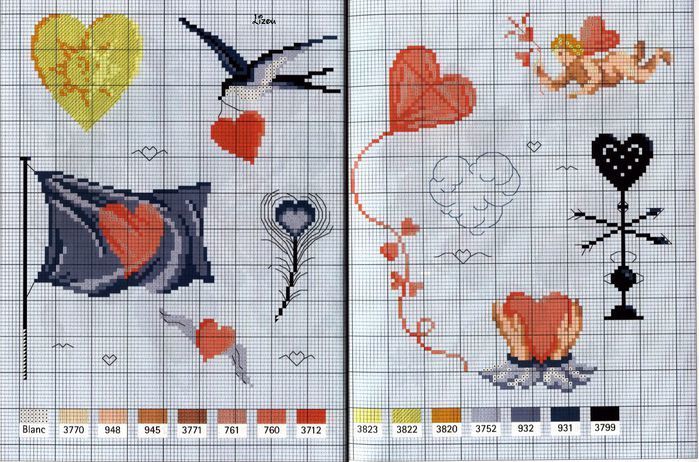 схемы вышивки крестиком -цветочки и сердечки
